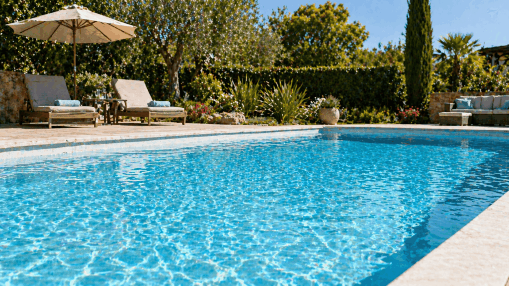 Jardin moderne avec piscine et terrasse