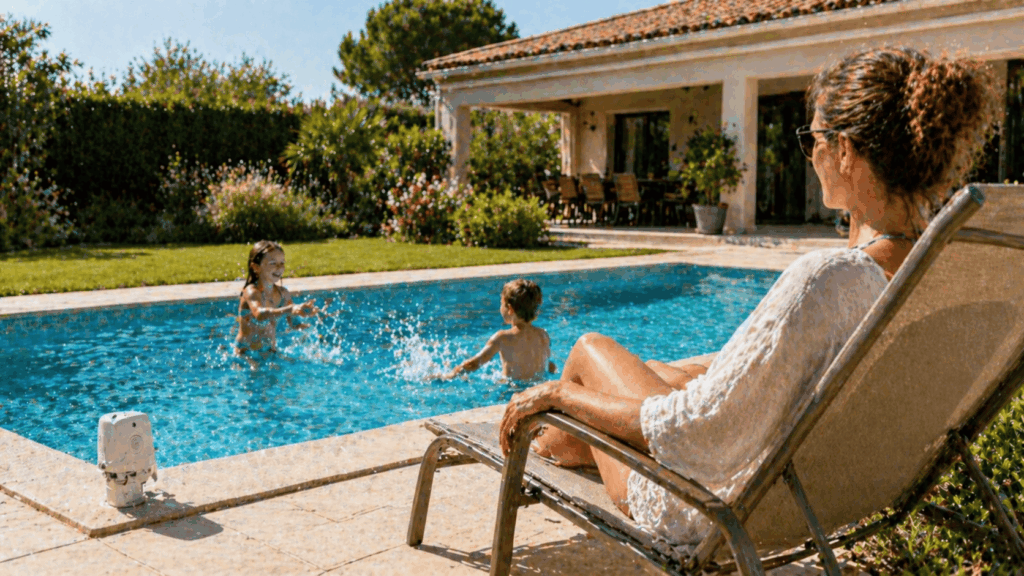 une famille profitant de sa piscine avec alarme