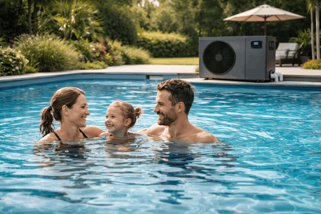 une femme profitant de leur piscine grace au pompe à chaleur piscine