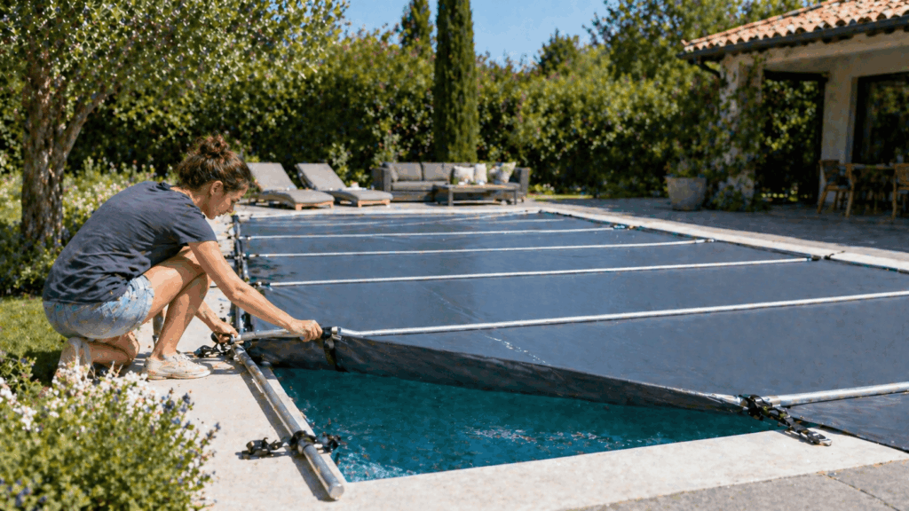 une personne couvant sa piscine avec sa couverture
