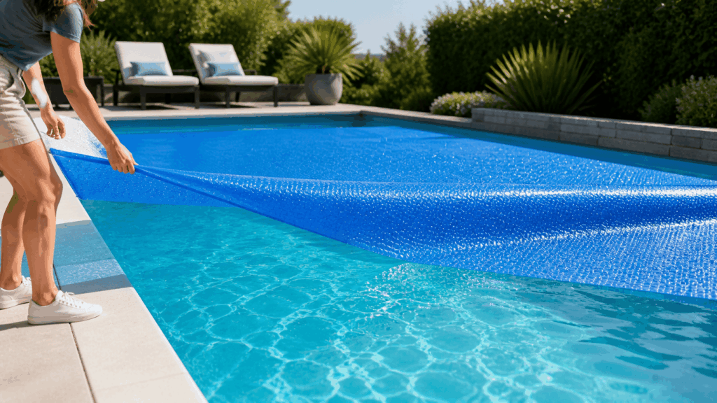 Couverture de piscine ensoleillée au printemps