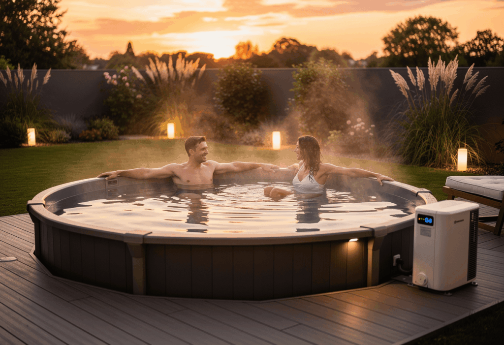 Famille profitant d’une piscine hors sol chauffée dans un jardin moderne
