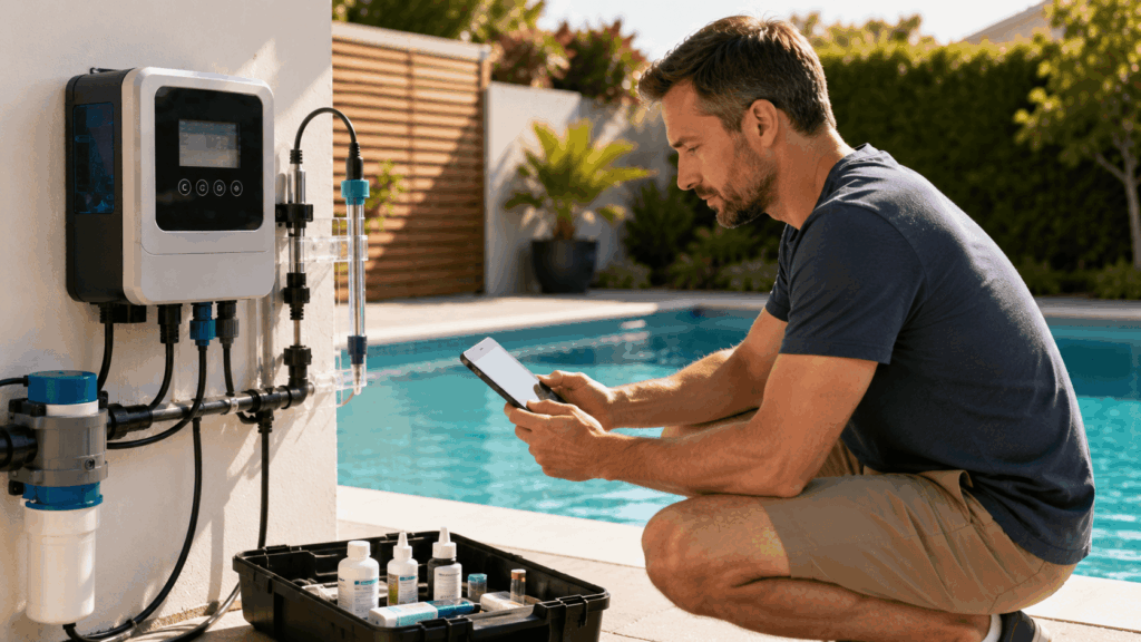 un homme inspectant le régulateur de pH de sa piscine