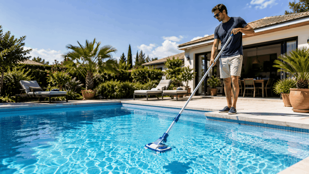 un homme netoyant sa piscine avec son son aspirateur de piscine