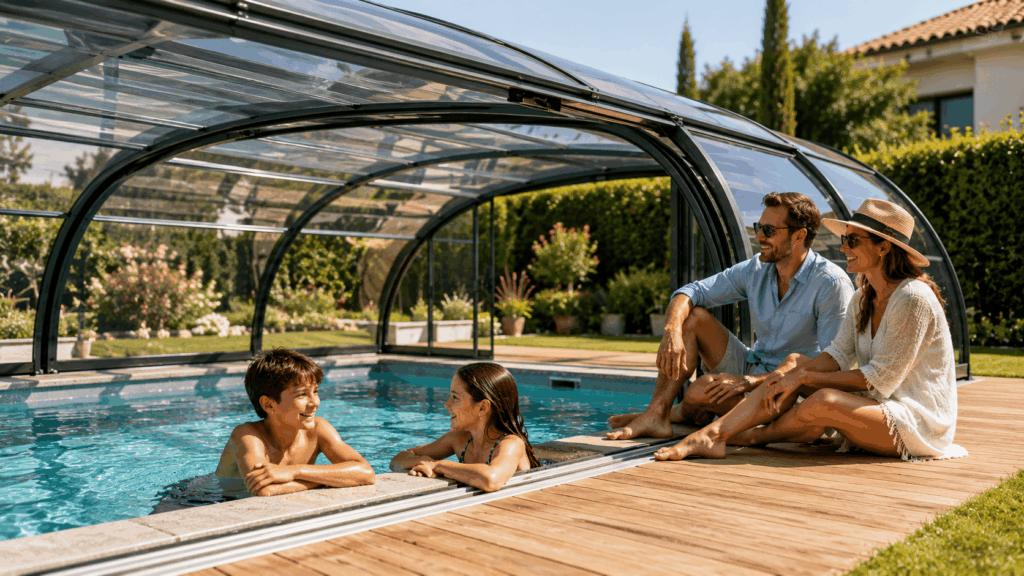 une famille profitant de son abri piscine choisir
