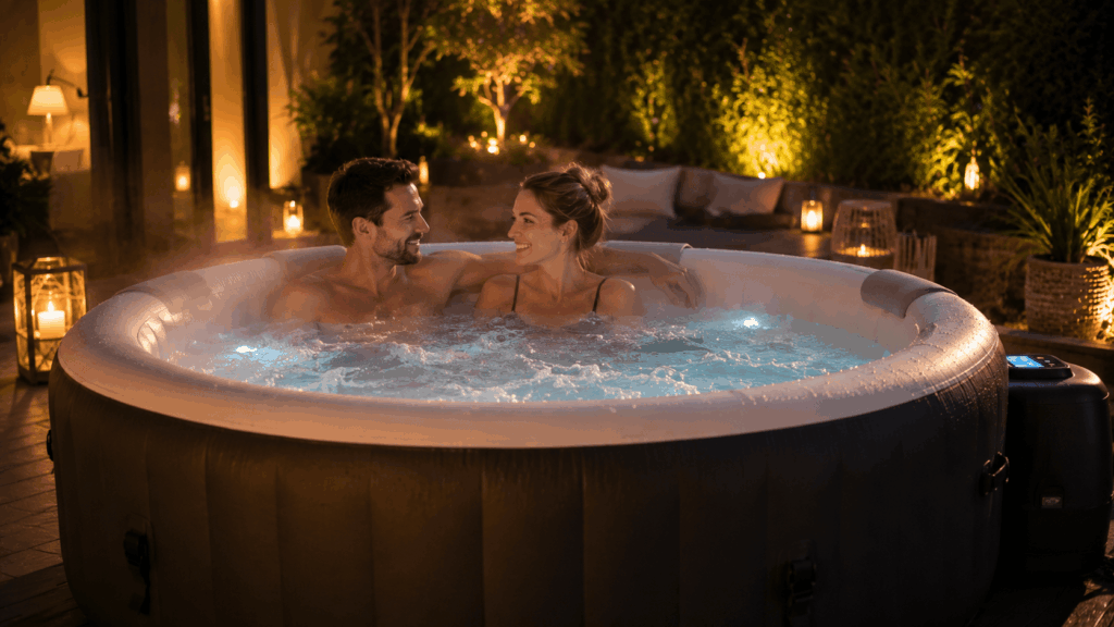Couple détendu profitant d’un spa gonflable haut de gamme dans un jardin élégant