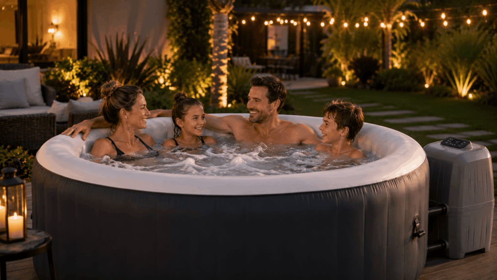 Couple ou famille profitant d’un spa gonflable dans un jardin moderne