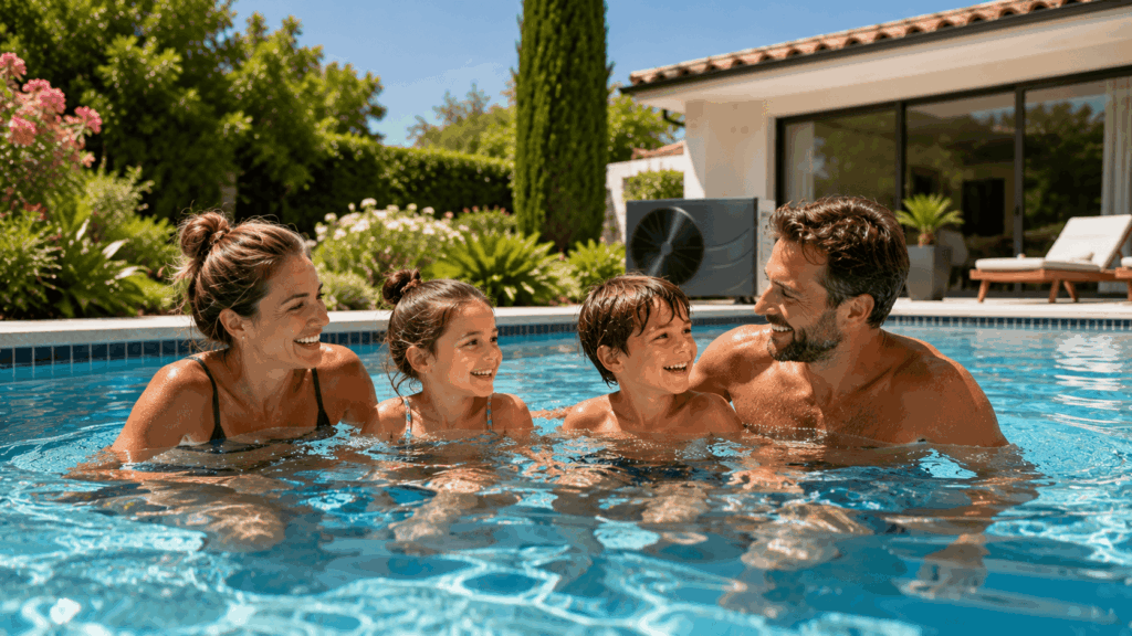 Famille profitant d'une piscine chauffée