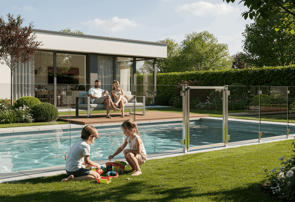 Famille profitant d’une piscine sécurisée