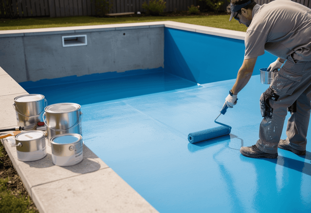Application de peinture sur une piscine en béton