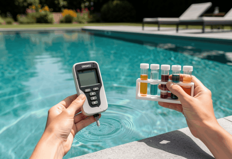 Une personne analysant l'eau de sa piscine