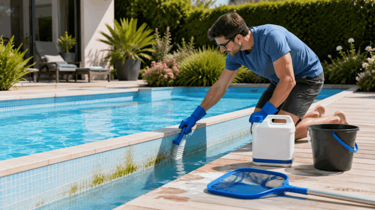 Une personne traitant sa piscine contre les algues moutarde