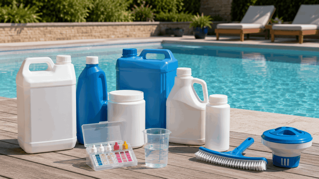 plusieurs bidons et flacons d'anti-calcaire pour piscine disposés au bord d'une piscine moderne