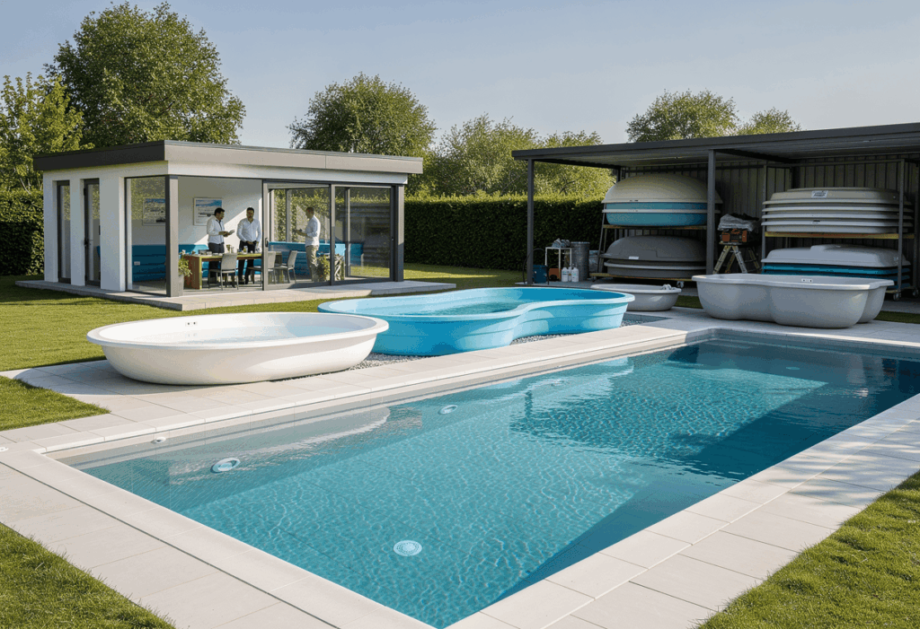 plusieurs piscines à coque modernes installées dans de magnifiques jardins résidentiels