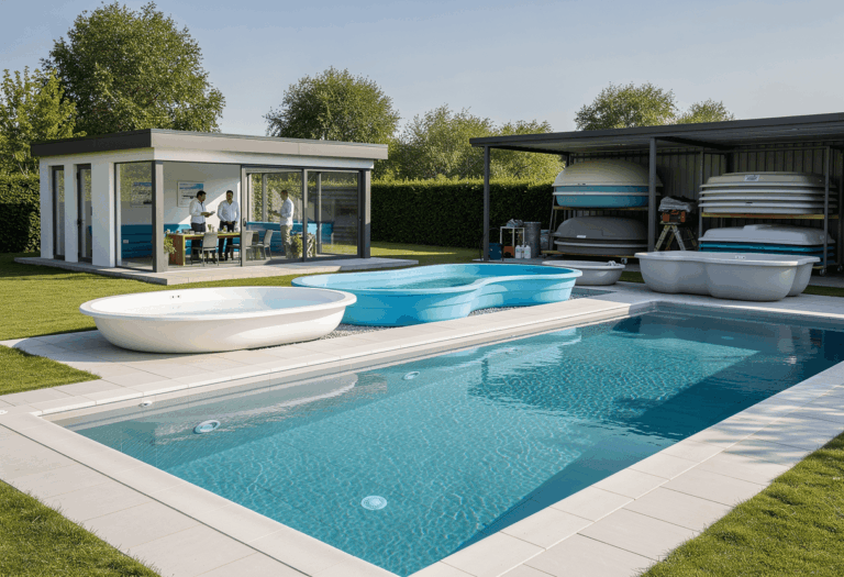 plusieurs piscines à coque modernes installées dans de magnifiques jardins résidentiels