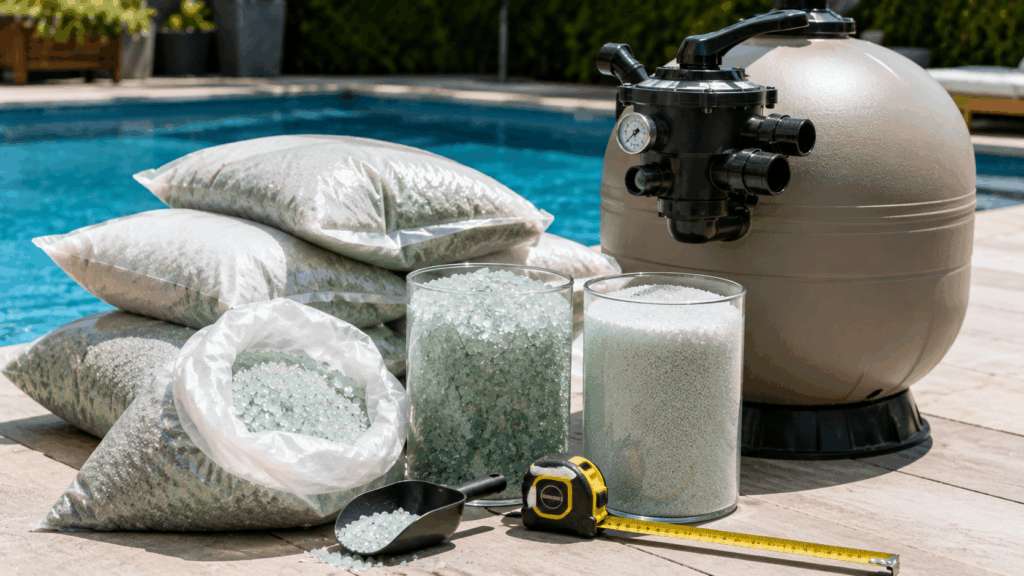 plusieurs sacs de verre filtrant ouverts à côté d'un filtre de piscine à sable