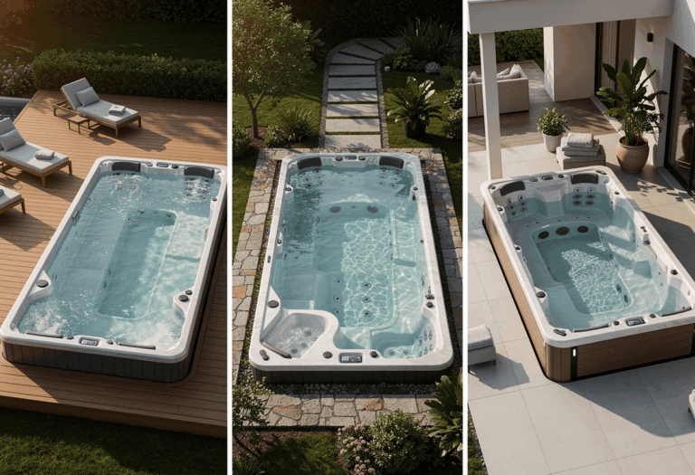 plusieurs spas de nage modernes installés dans différents environnements haut de gamme