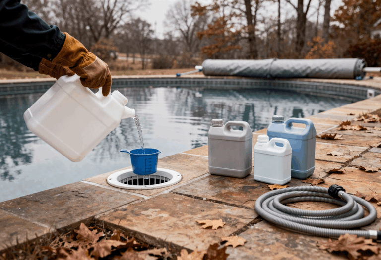 produits d'hivernage pour piscine disposés au bord d'un bassin
