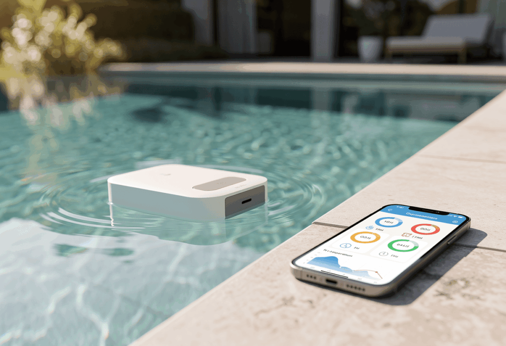 un analyseur d'eau de piscine connecté flottant à la surface d'une piscine moderne à l'eau cristalline