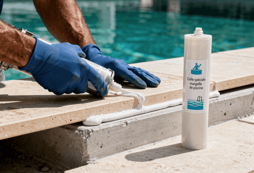 un artisan appliquant de la colle sous une margelle en pierre avant son installation au bord d'une piscine