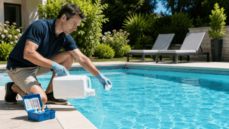 un homme ou une femme d'environ 40 ans en train d'entretenir une piscine familiale