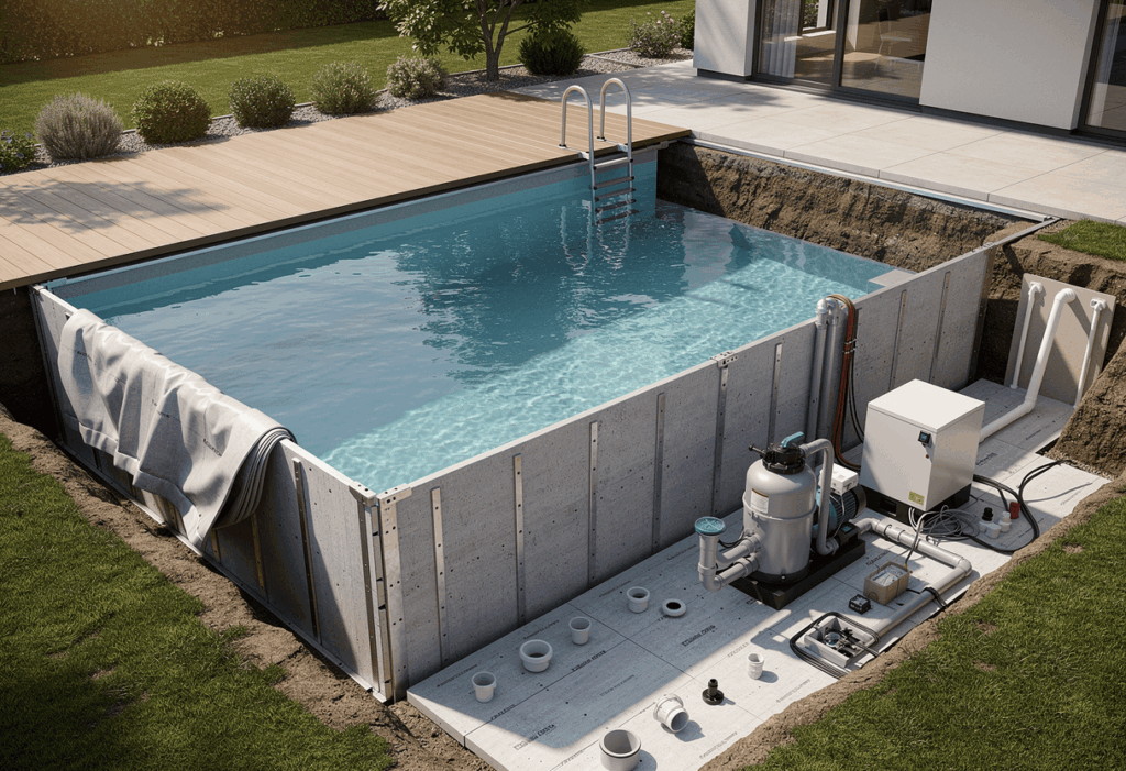 un kit de piscine enterrée en cours d'installation dans un jardin moderne