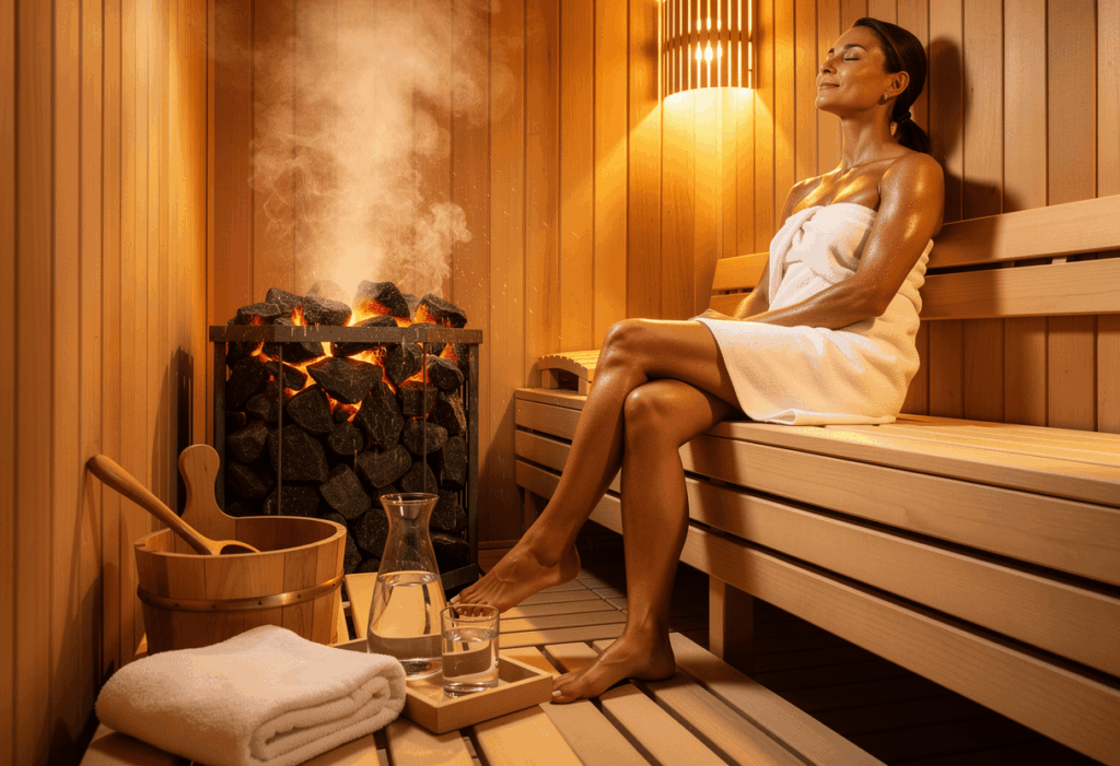 un sauna finlandais traditionnel en bois avec des bancs en cèdre