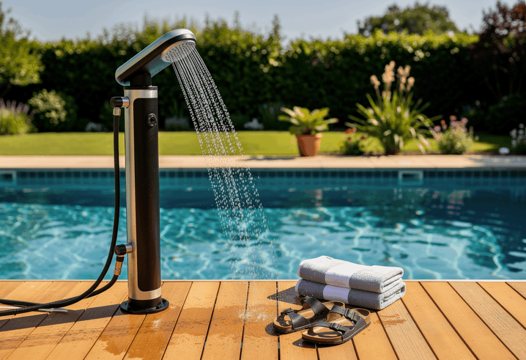 une douche solaire de jardin au design moderne, sans logo ni marque visible