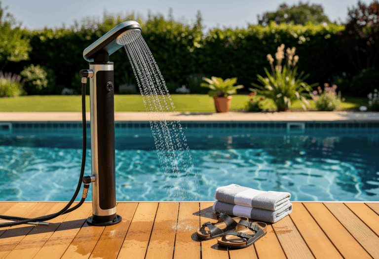 une douche solaire de jardin au design moderne, sans logo ni marque visible