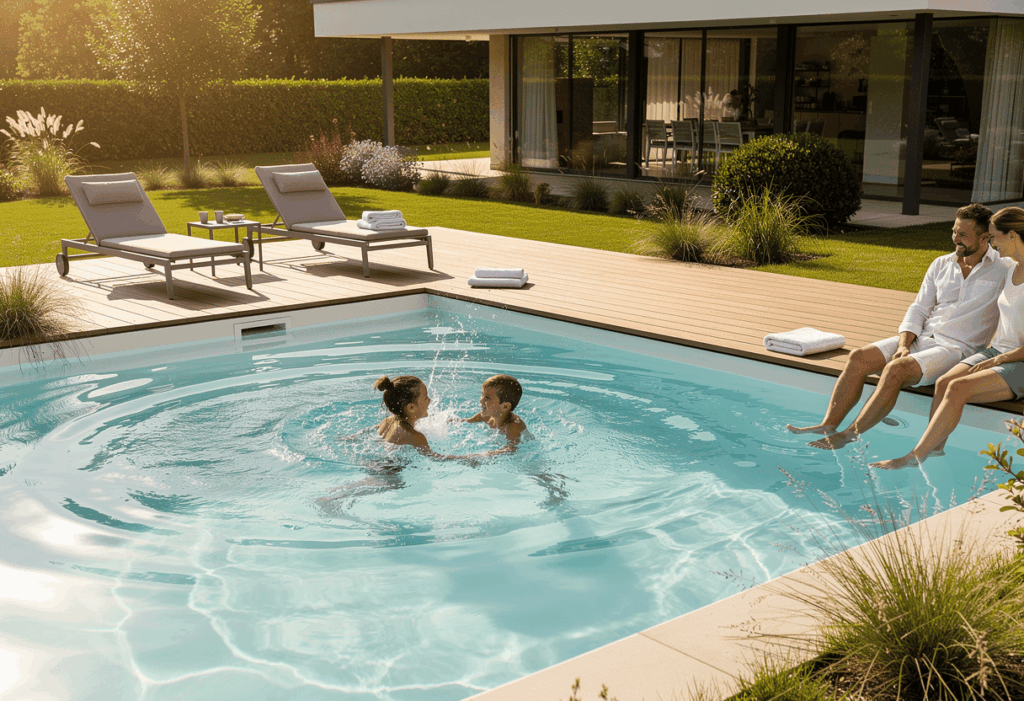 une piscine à coque moderne dans le jardin d'une maison contemporaine
