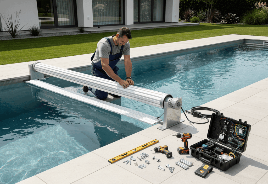Installation d'un volet roulant sur une piscine