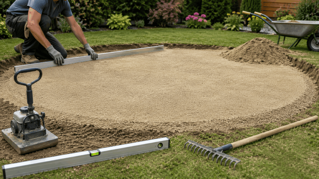 Préparation du lit de sable sous la piscine
