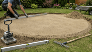 Préparation du lit de sable sous la piscine