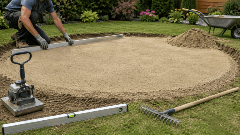 Préparation du lit de sable sous la piscine