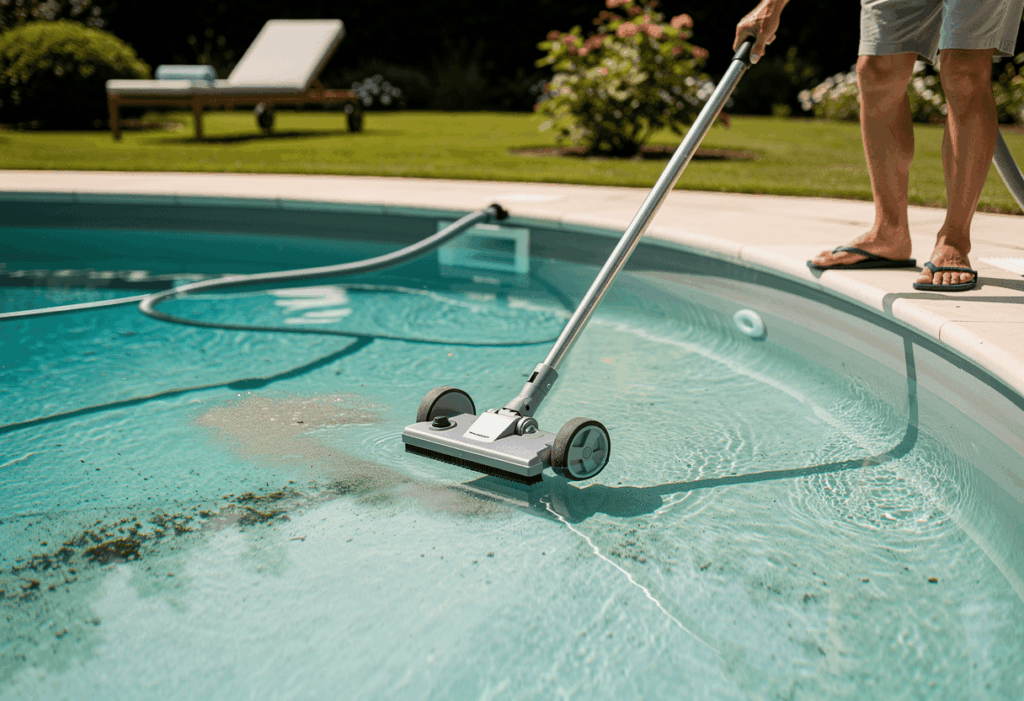 Une personne aspirant efficacement le fond de sa piscine