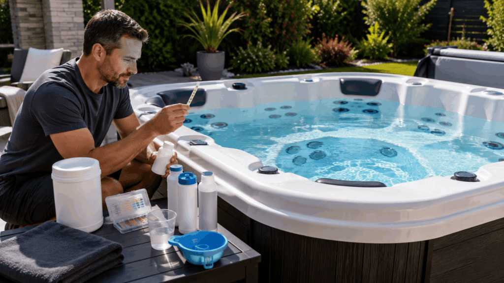 Une personne préparant l’eau du spa