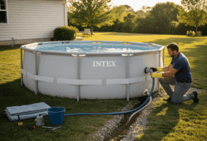 Une piscine tubulaire de type Intex en cours de vidange dans un jardin